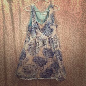Short blue cotton map dress with pockets / lining